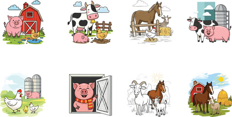 Cute cartoon farm animal illustration featuring pig, cow, horse, goat, chicken, barn, haystack, and countryside scenery for kids.