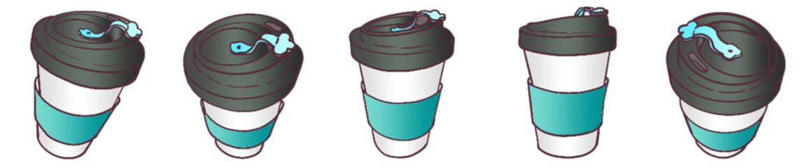 Takeaway Coffee Cup with Lid and Sleeve &ndash; Cute Hand Drawn Reusable Cup Clipart for Cafe, Beverage and Morning Drink Theme