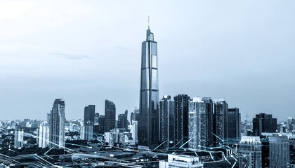 Cityscape with tall structures and overcast sky architectural skyline render