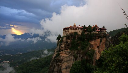Coastal landscape view with dramatic sky and vegetation