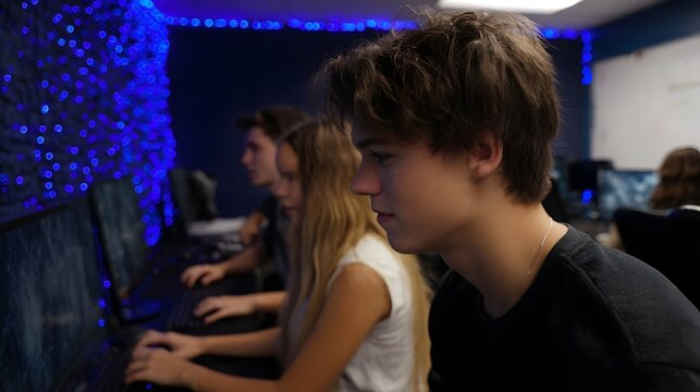Teenagers engaged with computers in a modern tech room illuminated by blue LED lights