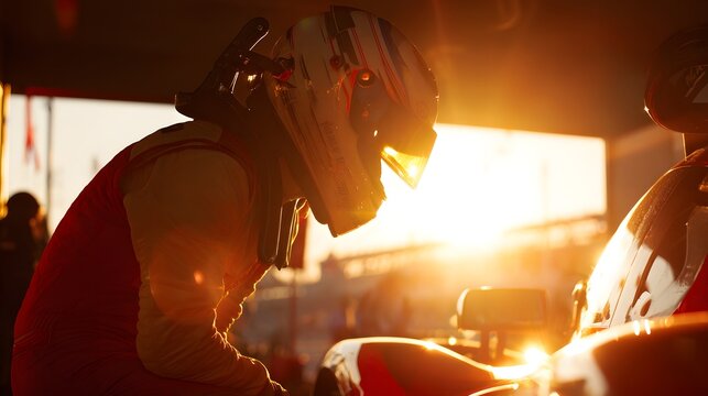 Silhouette of a person in a racing helmet, with a vibrant sunset backdrop and warm lighting, evoking action and the spirit of motorsport; the composition emphasizes focus and intensity with a shallow
