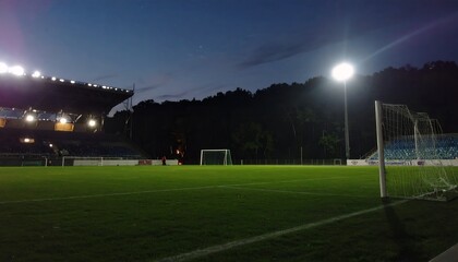 Dark night view of a green field with bright street lights and a building silhouette