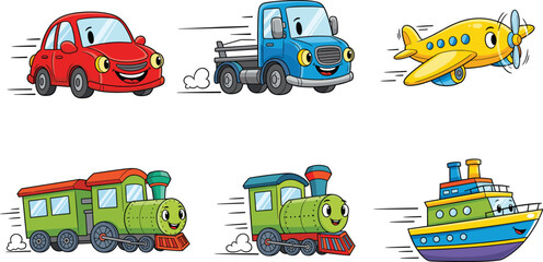 Naklejka premium Cute cartoon transportation vehicles including car, truck, airplane, trains, and ship with happy faces on white background vector illustration