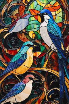abstract colorful background with birds art design decoration  stained glass window abstract pattern with birds avant-garde style with original geometric and decorative patterns