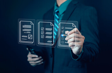 Businessman using digital pen to check virtual documents with checklist icons, concept for task management, document approval, workflow automation, productivity, and digital transformation.