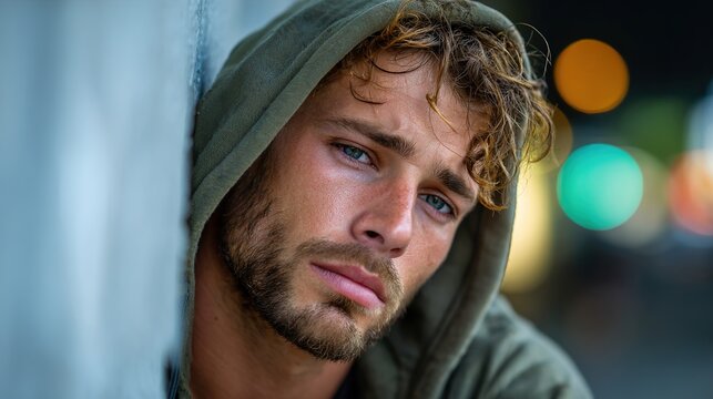 A pensive young Caucasian male with tousled hair and a hoodie looks contemplatively at the camera.