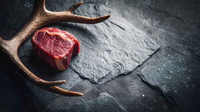 Fresh, raw, red meat cutlet displayed on a dark slate surface, accompanied by a decorative deer antler, creating a rustic and elegant composition.
