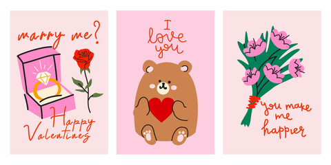 Cute Valentine's day greeting cards in cartoon flat style. Romantic art for poster, wall decor, prints, cards and wallpaper. Romantic postcards. Vector illustration