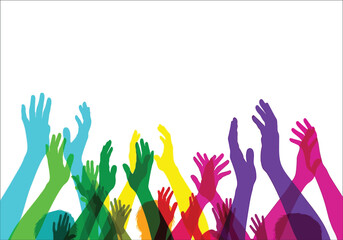 Vector illustration of colorful hands raised in celebration
