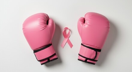 A pair of vibrant pink boxing gloves framing a small pink awareness ribbon on a clean white surface