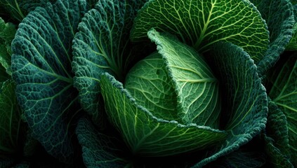 Obraz premium Close-up of a vibrant green cabbage head, showcasing textured leaves and intricate patterns