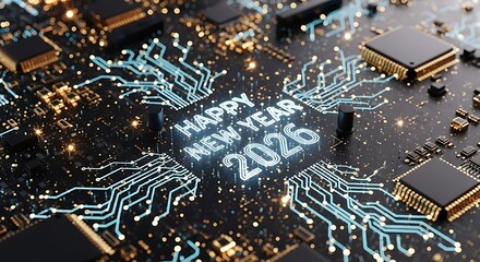 Happy new year 2026 on futuristic circuit board with glowing lines