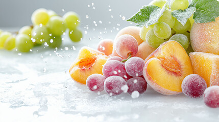 冷凍フルーツ、桃とぶどうの白背景。Generative AI