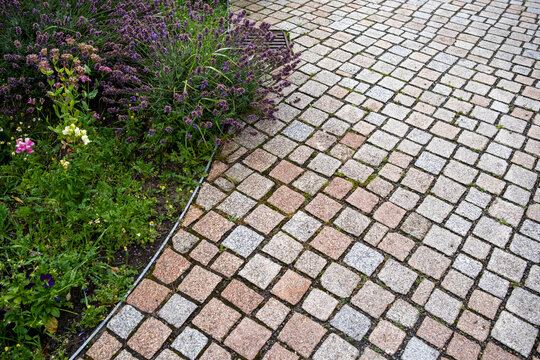 Mediterranean-style urban garden with stone paths and blooming vegetation in Hamburg, designed as a calm outdoor space integrating greenery, architecture and sustainable landscape design