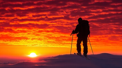 Cross Country Skier in Silhouette Against a Crimson Winter Dawn Sky in a Beautiful Nature Backdrop