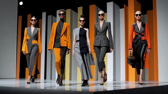 Fashion models walking runway in orange and gray suits