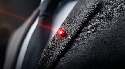 lapel. Extreme close-up of a single red laser dot focused on the texture of a grey wool suit lapel. product launch decks, UI/UX mockups, designed for product launches and innovation pitches.