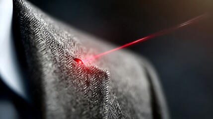 lapel. Extreme close-up of a single red laser dot focused on the texture of a grey wool suit lapel. product launch decks, UI/UX mockups, designed for product launches and innovation pitches.