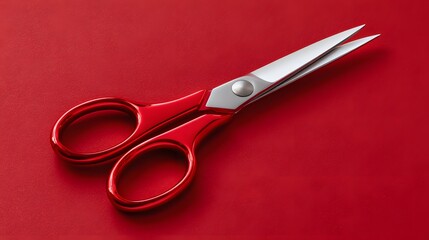 Sharp, shiny scissors with red handles are positioned diagonally on a solid red background, creating a vibrant and eye-catching composition, demonstrating precision and the concept of cutting.