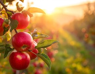 Ripe apples on a branch at sunset