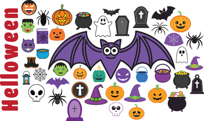 Colorful Halloween Icons With Purple Bat And Witch Hat holiday spooky