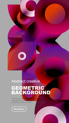Abstract geometric background features vibrant overlapping shapes. Red, purple, pink hues dominate design. Modern aesthetic.
