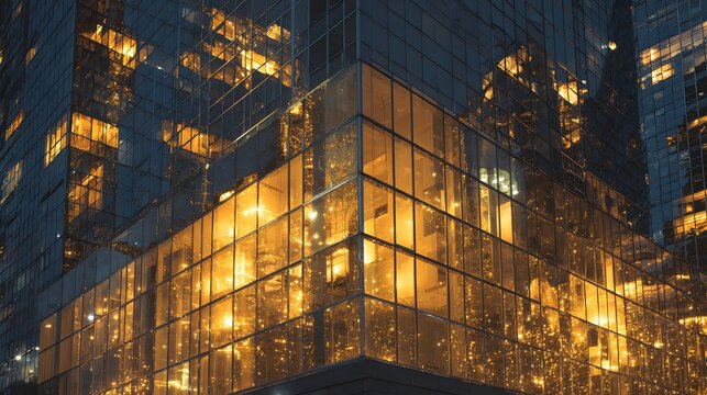 The modern architecture of a building is captured during nighttime, highlighting the glass facade with illuminated interiors, reflecting golden light and creating a striking symmetrical composition...