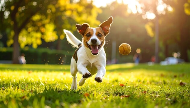 Playful dog chasing a ball in a park