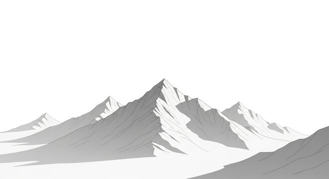 A minimalist mountain range in black and white, creating a serene and peaceful landscape isolated on white background
