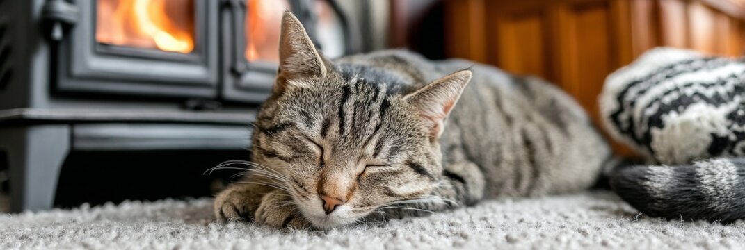 Cozy Tabico Cat Sleeping Peacefully by the Warm Hearth in a Charming Winter Home Setting