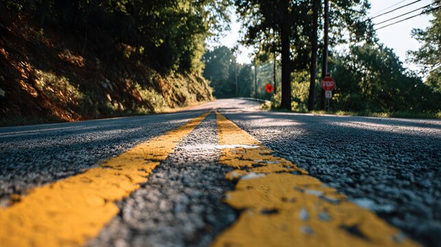 Scenic rural road curves upwards, flanked by lush green trees and foliage, captured on a sunny day with striking yellow road markings and stop sign, creating an inviting and natural ambiance.