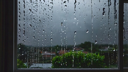 Rain falling on the window, stormy weather and indoor comfort theme.