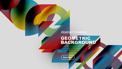 Abstract geometric shapes, vibrant colors, modern design. Background features overlapping elements, text, button. Clean, stylish composition.