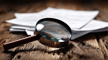 magnifying. A weathered magnifying glass on wood, its lens reflecting distorted shapes with soft focus. STEM education sheets.