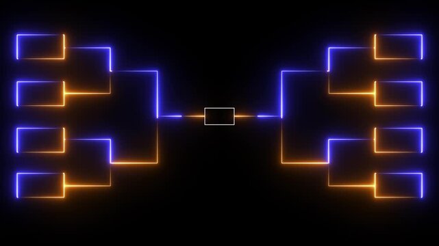 Animation of neon glowing team Tournament bracket templates isolated on black background. Championship bracket schedule for soccer, football, basketball, baseball or tennis.