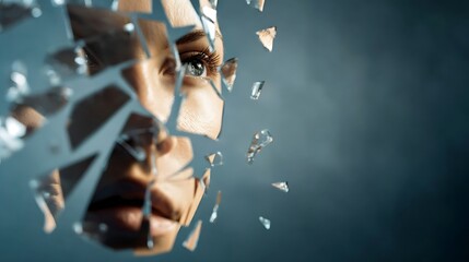 missing. A shattered mirror reflecting different emotional faces instead of memories with missing pieces forming question marks. wellbeing guides.