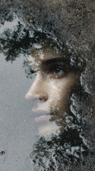 Reflective portrait oil puddle face tree reflection moody