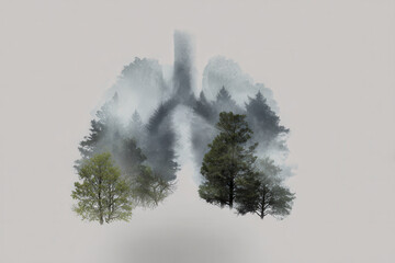 Forest lungs mask health safety breathe calmly in misty woodland silhouette
