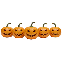 Five spooky halloween jack-o'-lanterns carved with frightening faces in a row isolated on transparent background