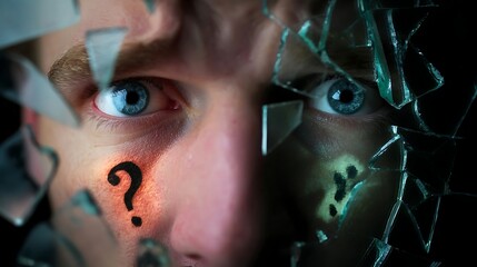 missing. A shattered mirror reflecting different emotional faces instead of memories with missing pieces forming question marks. wellbeing guides.