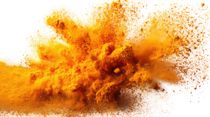 Orange powder explosion isolated on transparent background