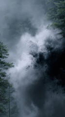 Obraz premium Dark smoke forest fog mysterious moody nature pine mist haze pollution