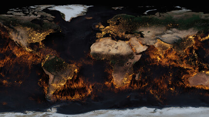 Global map night lights wildfire satellite view earth continent ocean glow climate