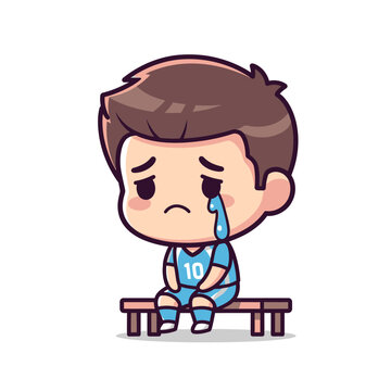 A sad cartoon boy in a blue soccer jersey crying while sitting on a bench after a loss.