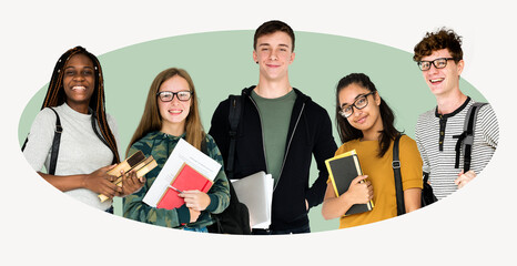 Happy & diverse high school students, badge design