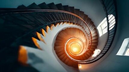 perpetual. A spiral staircase mid-landing viewed from above, archway window showing perpetual dusk outside. real-estate listings.