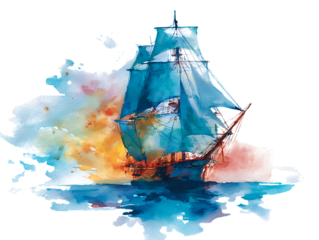 watercolor ship in middle page painting