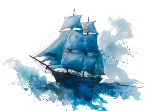 watercolor ship in middle page painting