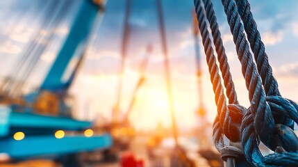 rigging. Industrial crane cables and rigging at a port during a warm sunset. inspiring travel planning, safety posters, designed for precision metalworking and fabrication facilities.